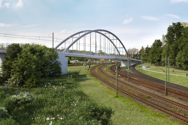 Bauschild Stabbogenbrücke | Fotomontage